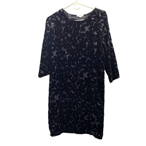 Garnet Hill Black Velvet Burnout Shift Dress Size 4 Lined 3/4 Sleeve Whimsigoth - Picture 1 of 11